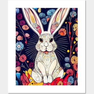 Rabbit on floral background. Posters and Art